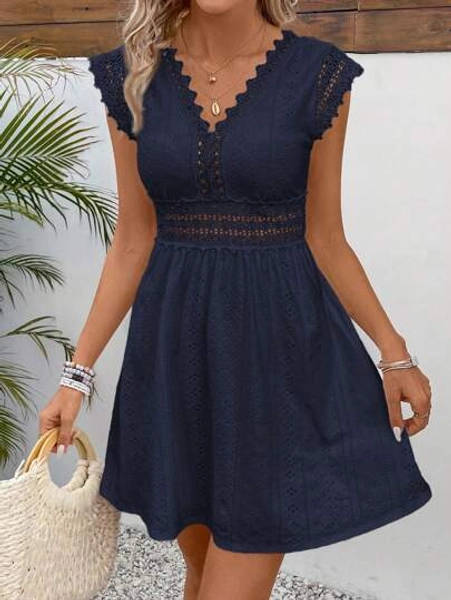 SHEIN Frenchy Women Simple Solid Color Hollow Out Jagged Edge Short Sleeve Casual Dress,Summer Dresses For Women