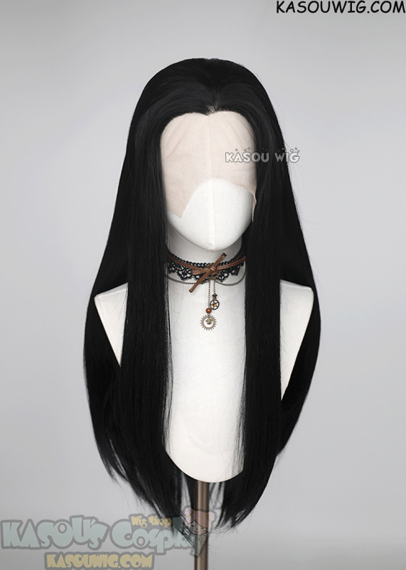 Lace Front&gt;&gt; jet black 76cm long slicked-back straight synthetic cosplay wig LFL-2/KA032