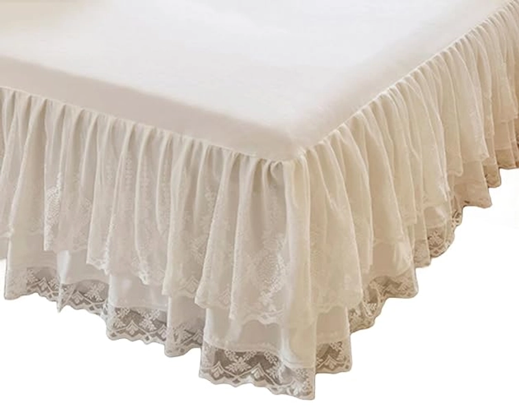 Romantic Summer Ruffled Bed Skirt with Sheet,Dust Ruffle Bedskirt with Two Lace Layers,17.7" Drop