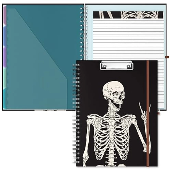 Hongri Clipboard Folio with Refillable Lined Notepad, 8.5 x 11 Folders with Storage 10 Pockets, Spiral Portfolio, Size 12.8X 9.7 in, Office & School Supplies, Skeleton