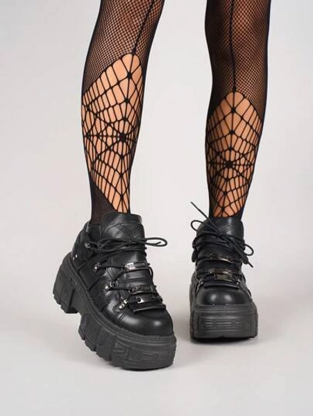 Tênis de Plataforma Feminino com Cadarço e Bico Redondo, Calçado Casual Estilo Punk