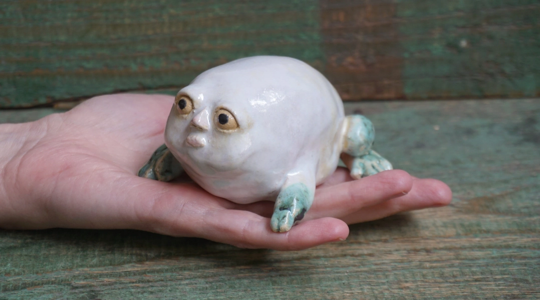 Ceramic Frog Figurine, Ceramic Sculpture Art, Human Face, Cute Frog Statue, Ceramic Animal