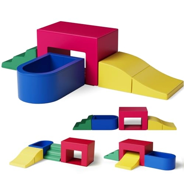 RDCMKL 4 Piece Velvet Leather Installation-Free Toddler Climbing Toys for Indoor Use, Foam Climbing Blocks for Toddlers 1-3, Soft Play Climbing Set, Easy to Clean, Climb and Crawl Foam Playset