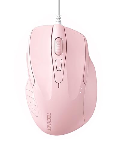 TECKNET USB Wired Mouse, 6-Button Corded Mouse with 4 Adjustable DPI, Optical Computer Mouse with Ergonomic Design and 5FT Cord for Laptop, Chromebook, PC, Desktop, Mac, Notebook - Pink - Pink