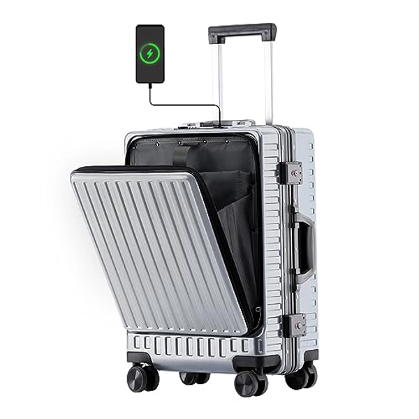 CAARANY Airline Approved Carry On Luggage With Front Pocket,20 Inch Aluminum Frame Luggage With Usb Charging Port,Pc Hard Case Travel Suitcase With Spinner Wheels And Tsa Lock(Silver)