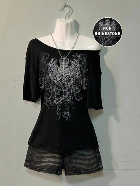 Attitoon Casual Heart With Wing Print Slouchy T-Shirt For Women, Suitable For Summer