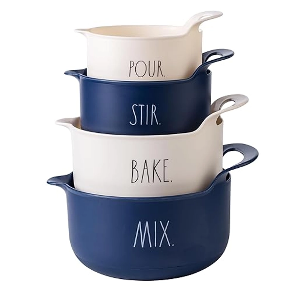 Rae Dunn Non-Slip Mixing Bowls - 4 Piece Nesting Plastic Mixing Bowl Set with Pour Spouts and Handles-Measurement Markings (Cream)