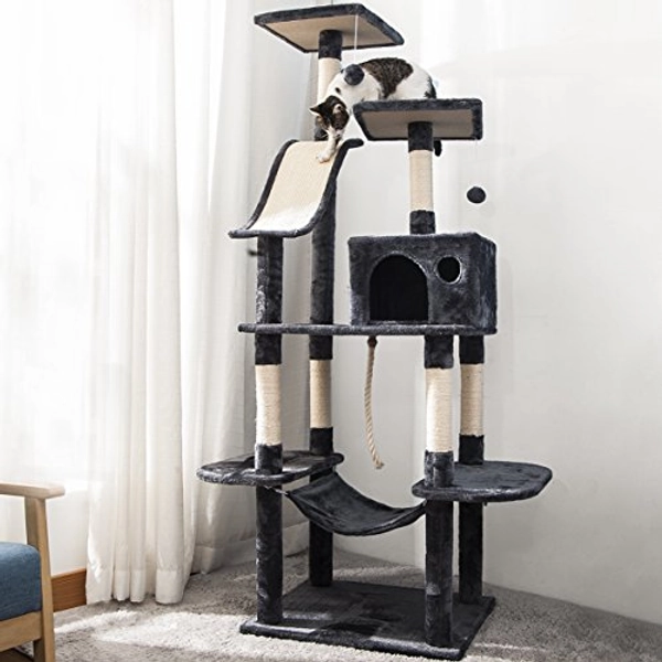 P PURLOVE Cat Tree with Scratching Posts, 170cm Cat Tower Activity Centre with Condo/Dangling Toys/Hammock, Large Cat Tree Cat Climbing Tower for Indoor Cats (Grey)