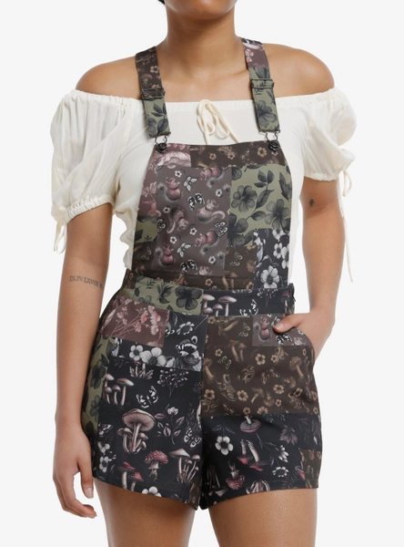 Thorn & Fable Mushroom Floral Patchwork Shortalls