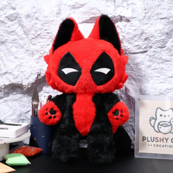 Deadpool Tanuki Plush Figure Toy Marvel Handcrafted Stuff Animal Plushie Soft Bushy Tail Unique Gift for Fans,  Anime Collectors Accessory