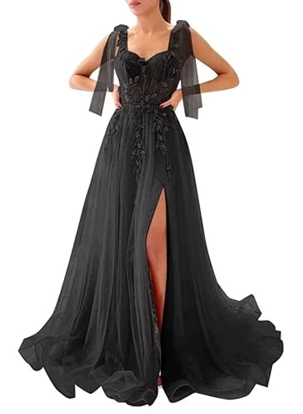 Dymaisei Appliques Tulle Prom Dresses Spaghetti Straps Formal Dresses with Slit Sweetheart Ball Gown