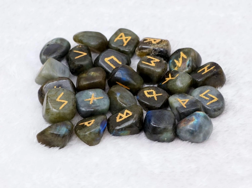 Labradorite Rune Set | 25 Pieces Engraved Tumbled Rune Stones | Agate rune Set