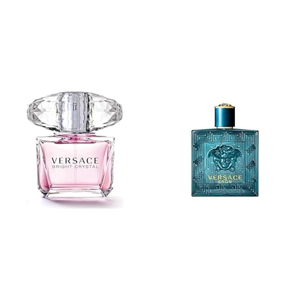Versace Bright Crystal Eau de Toilette Spray for Women, 3 Fl Oz & Eros for Men 3.4 oz Eau de Toilette Spray