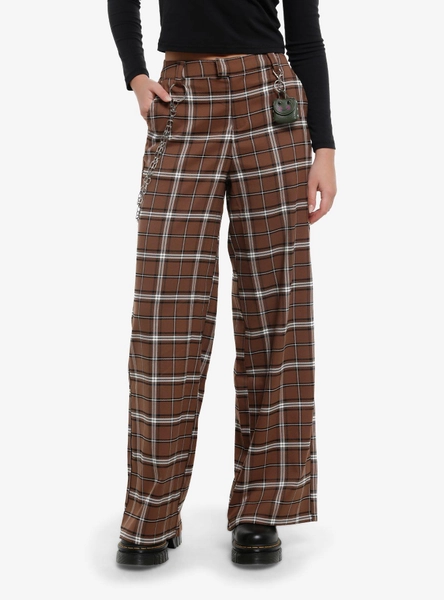 Brown Plaid Wide Leg Girls Trousers With Frog Pouch
