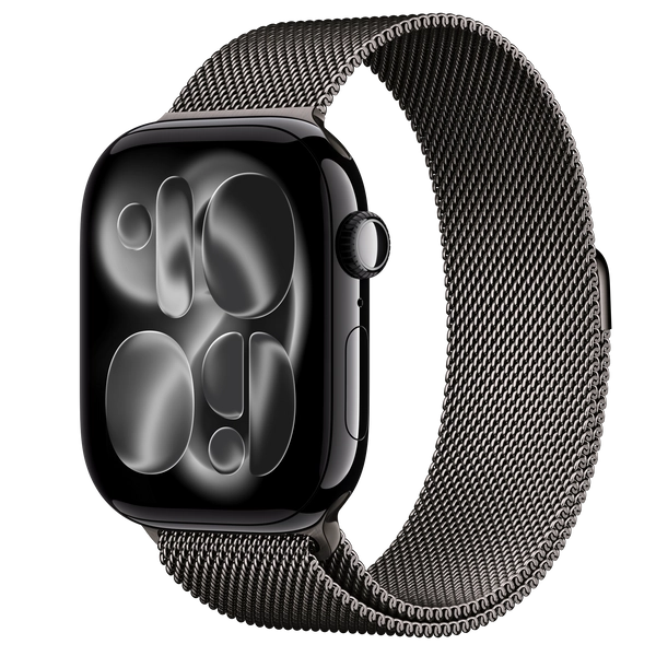 Apple Watch Series 11 GPS + Cellular, 46mm Jet Black Aluminum Case with Slate Milanese Loop - M/L