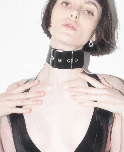 Oversized buckle rubber collar, Black Latex choker with silver gold hardware