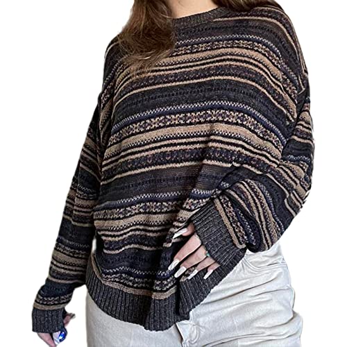 Women Y2K Argyle Striped Pullover Sweater Casual Long Sleeve Round Neck Vintage Preppy Style Pullover Knitwear - X-Large - Brown-a