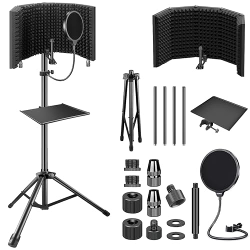 Aokeo Studio Recording Microphone Isolation Shield with Pop Filter & Tripod Stand, High Density Absorbent Foam to Filter Vocal, Foldable Sound Shield for Blue Yeti and Condenser Microphones - AO-505+stand+pop