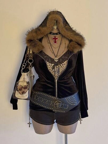 Sweetra Furry Hat Casual Long Sleeve Jacket, Minimalist Solid Color, Waist Cinched Design Fall Winter Cloth For Women Halloween