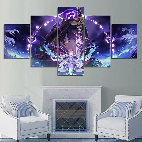 Wondbeau Leinwanddrucke Modulare Wandkunst Wandaufkleber 5 Teiliges Wandbild Druck auf Leinwand Malerei Moderne Abstrakte Poster Mit Rahmen L/150cm×80cm Raiden Shogun Kokomi Genshin Impact - L/150cm×80cm