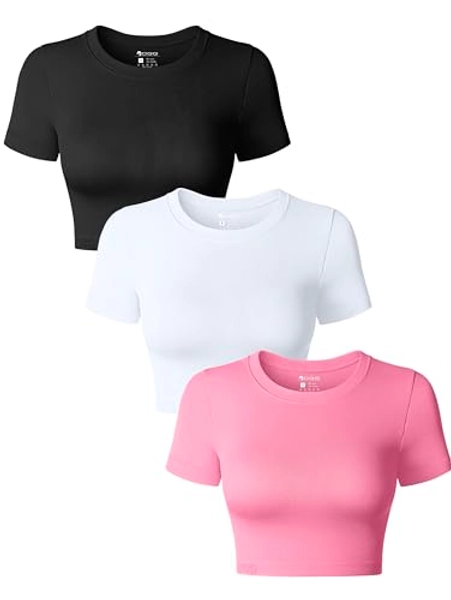 OQQ Women's 3 Piece Crop Tops Crew Neck Shorts Sleeve Stretch Fitted Shirts Crop Tops