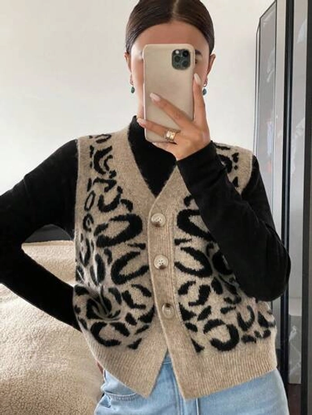 Siren Gaze Chaleco de punto con cuello en V de una hilera y estampado de leopardo para mujer, otoño/invierno