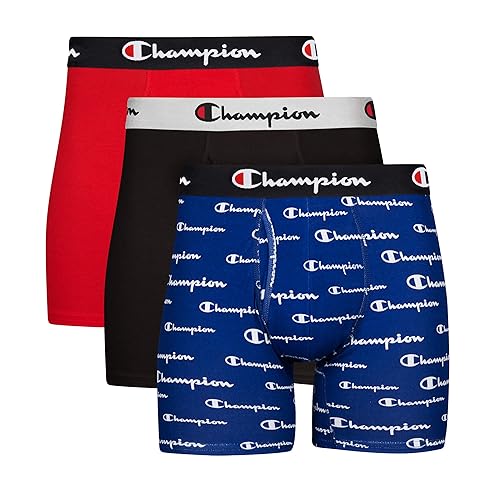Champion Men's Every Day Comfort Stretch Cotton Boxer Briefs - Blue White Script Logo/Black/Red - 3 Pack - Medium