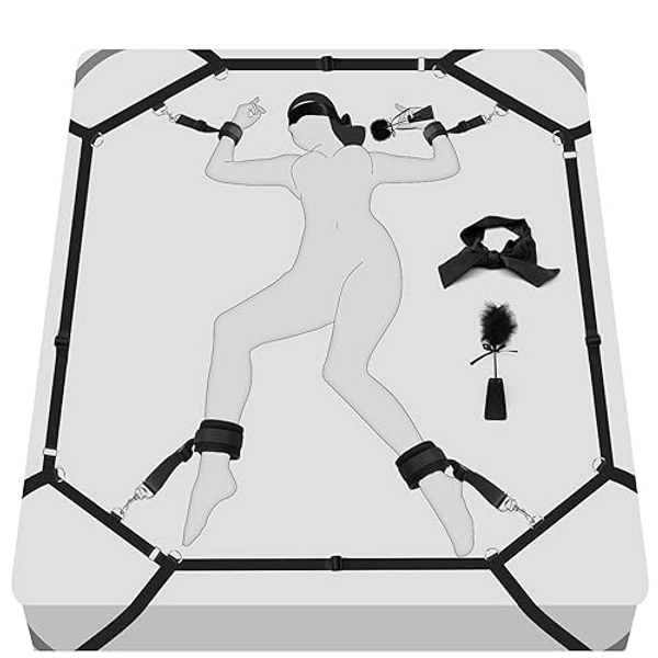 Sex Bondage BDSM Kit Bed Restraints Set - Sex Toy for Couples Game Handcuff Ankle Cuffs Blindfold Tickler, Fit for Thicker Mattress Sex Straps Bondage Gear & Accessories Adult