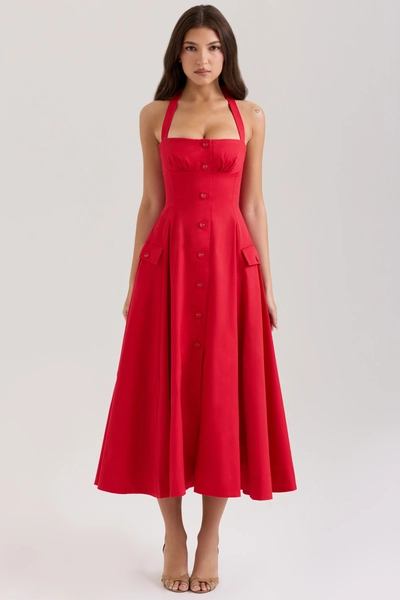 Claudia Red Stretch Cotton Button Halter Neck Midi Dress