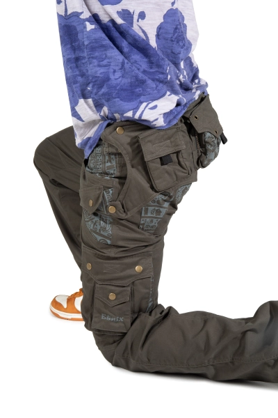 Psychedelic Olive Cargo Pants with Detachable Pocket Belt and Mayan Print, Cyberpunk Men Loose Techwear Pants, Burning Man Festival Clothing