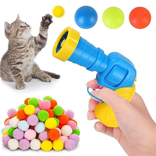 SSKHE Interactive Cat Toys,Cat Ball Toy Launcher,100pcs Soft Pom Pom Balls with cat ball gun,Cat Fetch Toys for Indoor Pet Cat Exercise Training Chasing