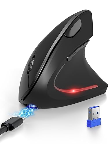 TECKNET Ergonomic Mouse, Bluetooth Rechargeable Vertical Mouse (BT5.0/3.0+USB-A), Wireless Right handed Mouse 6-Button, Optical Mouse 4800 DPI 6 Adjustable Levels,Quiet Clicks,Wide Compatibility-Black - Black