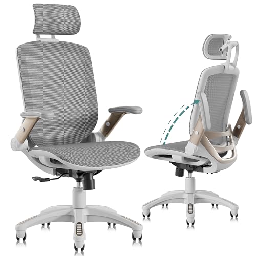 GABRYLLY Ergonomic Office Chair, High Back Home Desk Chair with Headrest, Flip-Up Arms, 90-120° Tilt Lock and Wide Cushion, Big and Tall Mesh Chairs for Man Woman, White Task Chair - White Frame White Mesh