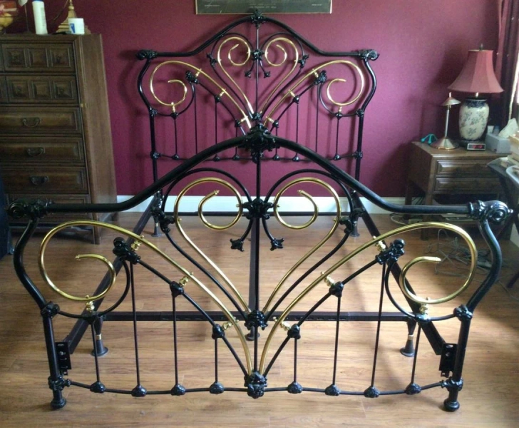 Vintage Elliott’s Design Black Enameled Iron and Brass Queen Size Bed Frame - headboard, footboard, rails included