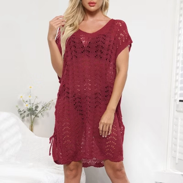 Womens Summer Casual Short Sleeve Knit Crochet Hollow Out Bathing Suit Cover Up Beach Dress with Drawstring Red