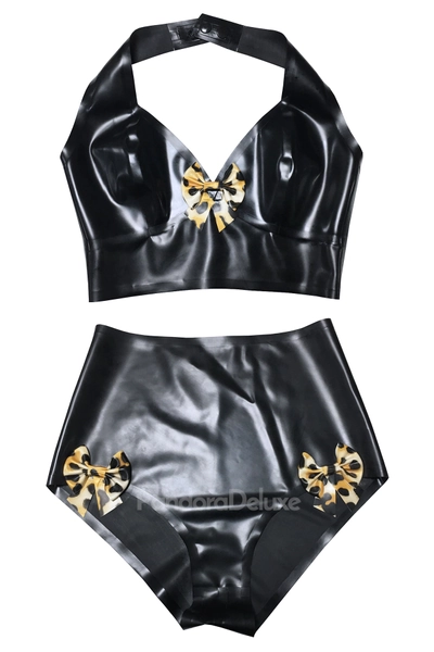 Leopard Latex Bow Lingerie Set - PANDORA DELUXE