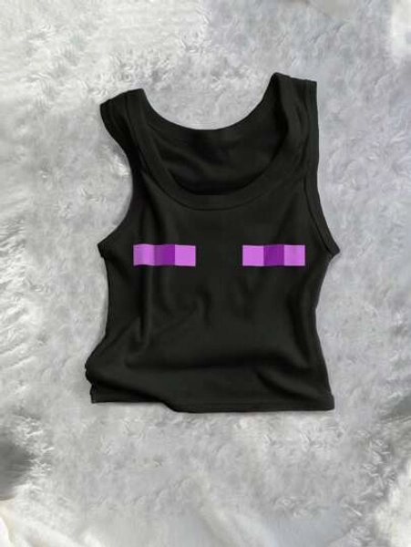 Noixe Women Y2K Purple Eye Graphic Pixel Color Block Black Cropped Athletic Tank Top, Sexy Club Wear, Punk Street Style, Graphic Print, Goth Aesthetic, Casual Summer Top, Midriff Baring Tee