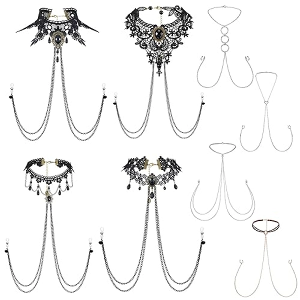 Kigeli 8 Pcs Halloween Non Piercing Fake Bra Chain with Chain Gothic Choker Necklace Adjustable Bra Body Jewelry for Gift