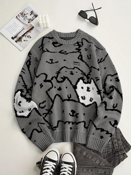 Men's Cat Graphic Crew Neck Loose Fit Casual Pullover Sweater, Dark Academia Style