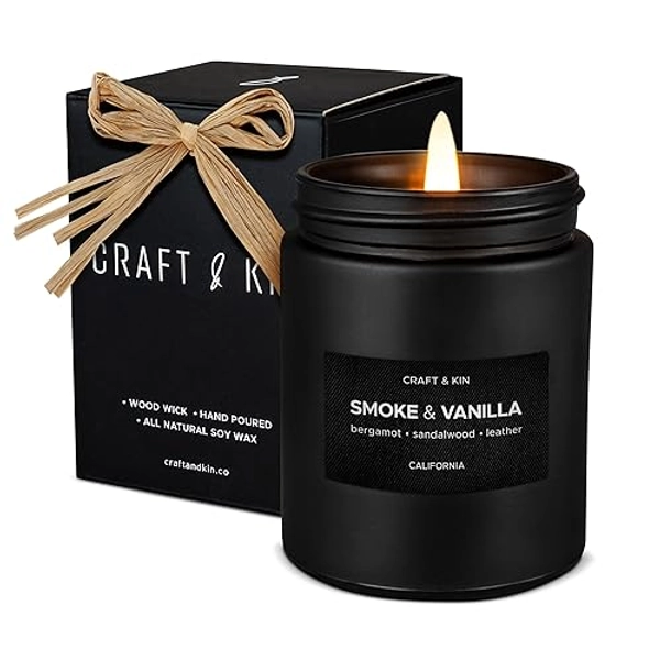 Premium Smoke & Vanilla Candle | Christmas Scented Candles for Men | Holiday Candles | Soy Candle | Fall Candles for Home Scented | Black Candles, Long Lasting Candles with 45 Hour Burn Time 7.6oz