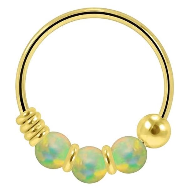 PiercingPoint Triple Opal Stone 9K Solid Yellow Gold 22 Gauge Hoop Nose Ring - Cartilage Hoop - Tiny Nose Hoop - Tragus Ring