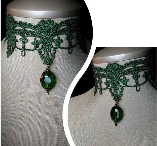 Emerald green choker, lace choker, vintage jewelry, Victorian necklace, bridal accessories, bridal necklace, Victorian jewelry, gift for her