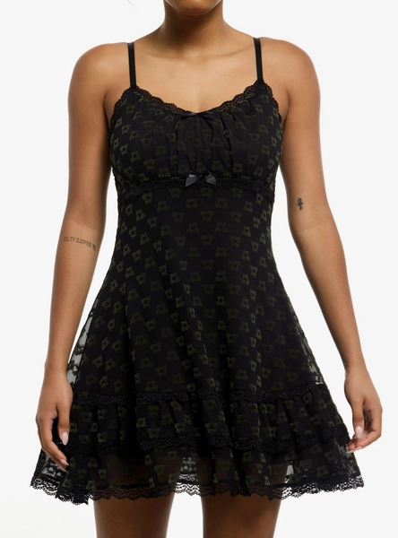 Thorn & Fable Green Frog Mesh Lace Cami Dress