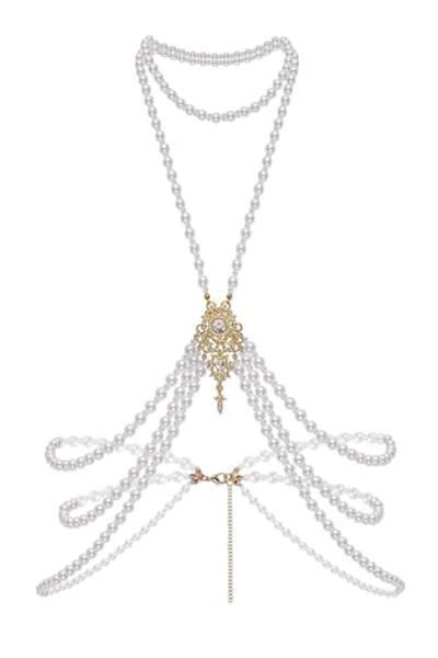 BABEYOND 1920s Pearl Body Chain for Evening Party Crystal Body Chain Gatsby Imitation Pearl Body Chain for Flapper Costume