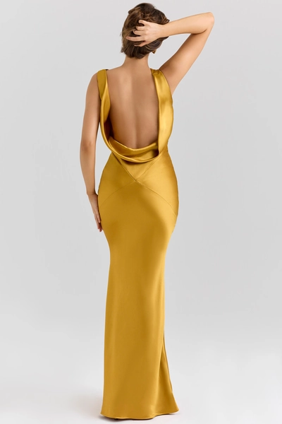 Safaira Amber Satin Draped Cowl Neck Maxi Dress