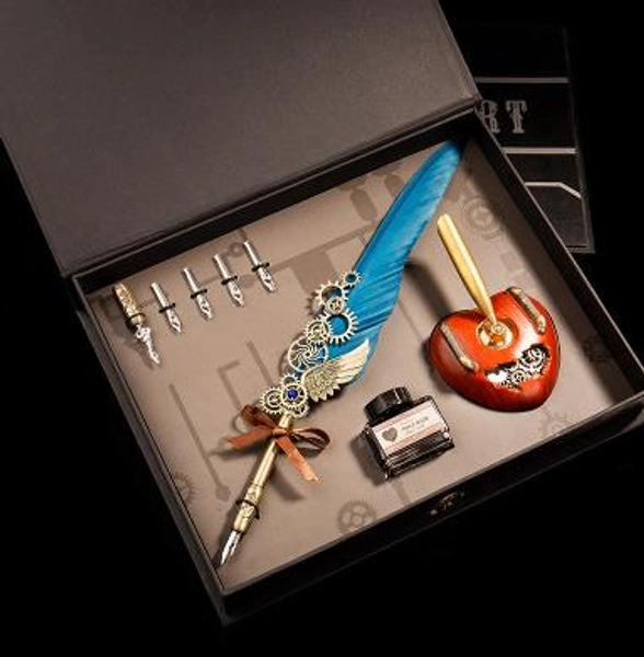Angel's Wing Feather Pen Set Unique Gifts for Calligraphy Lover Dip Pen - Blue