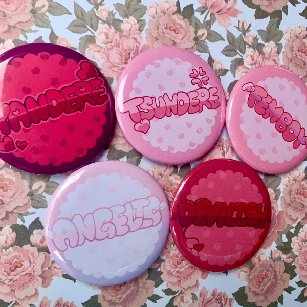 Cute Anime Button Set, Yandere Tsundere Femboy Angelic Devilish