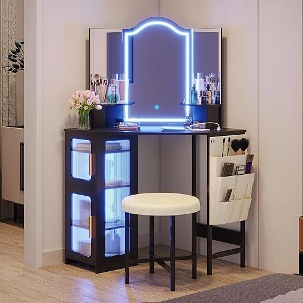  Vanity Desk with Mirror and Lights, Makeup Vanity with Charging Station, Dressing Table with 3 Lighting Options, Vanity Set with Stool, Women’s Vanity for Bedroom, Black