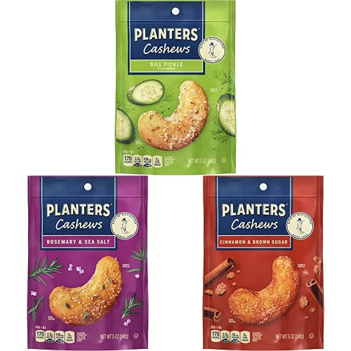 Bundle of PLANTERS Cashews Dill Pickle Flavored, 5 oz. + PLANTERS Cashews Rosemary & Sea Salt Flavored, 5 oz. + PLANTERS Cashews Cinnamon Brown Sugar Flavored, 5 oz. - Dill Pickle, Rosemary & Sea Salt, and Cinnamon & Brown Sugar - 15 oz (5 oz per flavor)