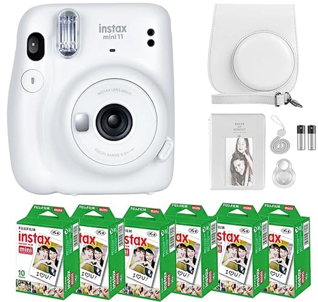 Fujifilm Instax Mini 11 Camera with Fujifilm Instant Mini Film (60 Sheets) Bundle with Deals Number One Accessories Including Carrying Case, Selfie Lens, Photo Album, Stickers (Ice White)
